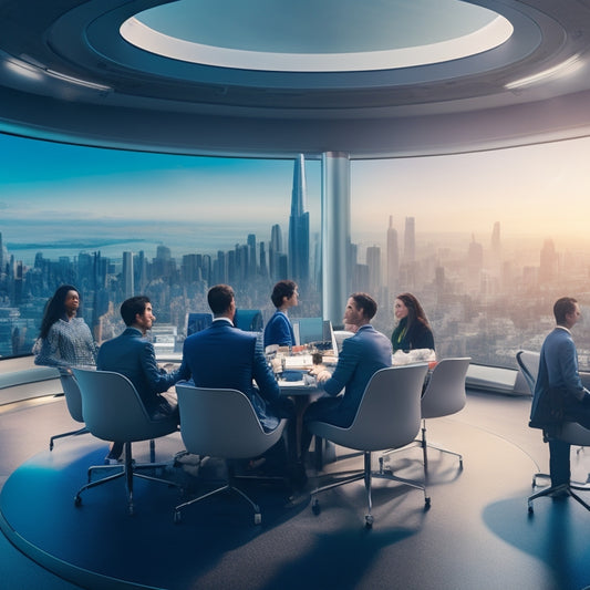 A futuristic, circular classroom with holographic screens, robotic assistants, and diverse students engaged in interactive lessons, surrounded by a cityscape with towering skyscrapers and flying vehicles.