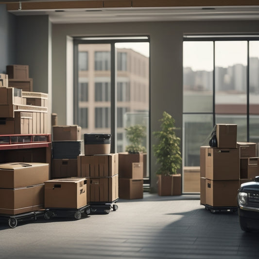 A spacious, well-organized storage unit with neatly stacked boxes, a few pieces of furniture, and a moving dolly in the corner, with a subtle background of a cityscape or suburban area.