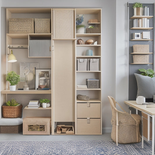 A tidy studio apartment with a Murphy bed, foldable desk, and a multi-tiered shelving unit, featuring woven baskets, stacked storage cubes, and a few cleverly hidden compartments.