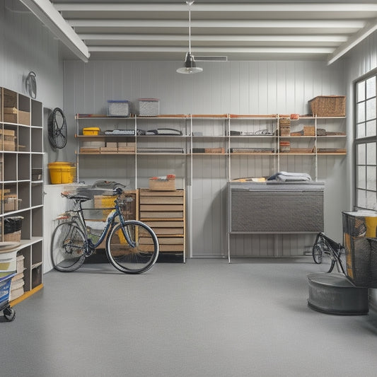 A serene, well-organized garage with a few bicycles parked along a wall, a neatly arranged toolbox, and a few labeled storage bins on a sleek, gray epoxy-coated floor.