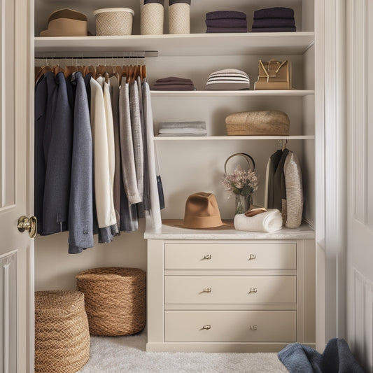 A serene, well-lit closet with creamy white shelves, dark wood accents, and a plush area rug, showcasing perfectly folded clothes, organized accessories, and a few stylishly placed hats and scarves.