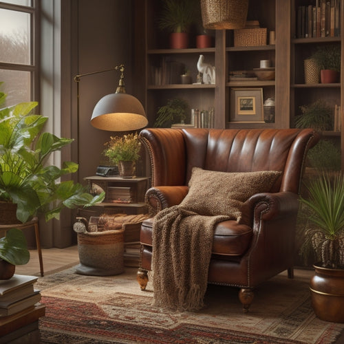 A warm, inviting scene featuring a plush armchair with a floor lamp, surrounded by floor-to-ceiling bookshelves made of reclaimed wood, with cozy throw blankets and a few potted plants.