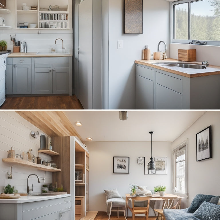 A cozy, minimalist tiny house interior with a loft bed, a compact kitchen, and a multipurpose living area, featuring clever storage solutions, natural light, and a calming color palette.