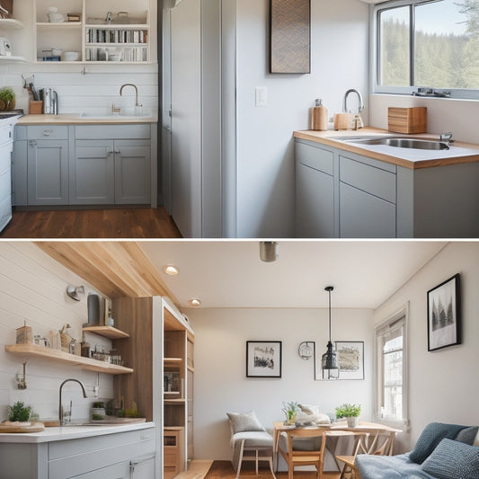 A cozy, minimalist tiny house interior with a loft bed, a compact kitchen, and a multipurpose living area, featuring clever storage solutions, natural light, and a calming color palette.