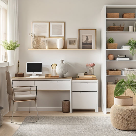 A serene, minimalist home office with a tidy desk, a few carefully placed decorative items, and a floor-to-ceiling shelving unit with neatly labeled storage bins and baskets in a soft, natural color palette.