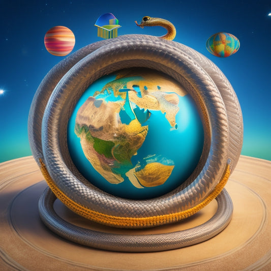 A stylized illustration of a miniature snake (conda) coiled around a globe, with various platform icons (Windows, macOS, Linux) orbiting around it, each with a tiny installer package attached.