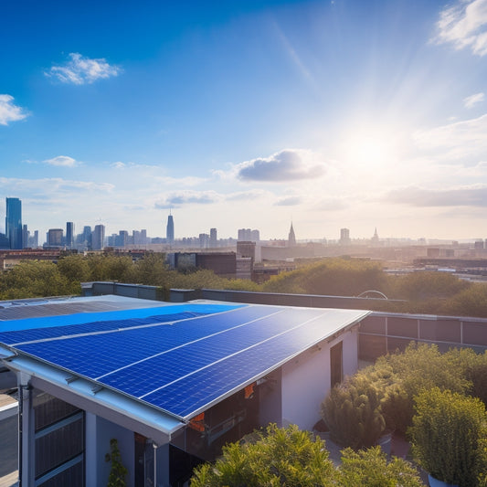 A serene rooftop scene with a mix of solar panels and lush greenery, set against a bright blue sky with a few wispy clouds, surrounded by a bustling cityscape in the background.