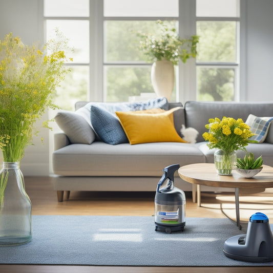 A bright, airy living room with a mix of decluttered and cluttered areas, a vacuum cleaner and cleaning supplies in the foreground, and a few blooming flowers or a vase with greenery on a nearby table.