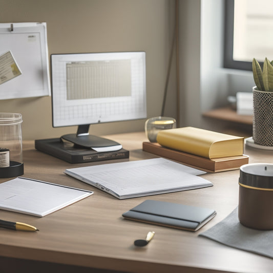 A tidy desk with a labeled inbox and outbox, a minimalist calendar, and a few carefully arranged office supplies, surrounded by a blurred background of a clutter-free home office space.