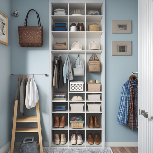 An illustration of a small closet transformed into a tidy and organized space, with a pegboard on the back of the door, stacked shelves, and a shoe rack, showcasing maximum storage efficiency.