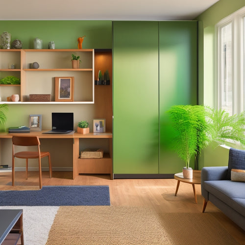 A minimalist, modern living room with a compact desk, laptop, and smartphone, surrounded by sleek storage units, a Murphy bed, and a lush green wall, illuminated by natural light.