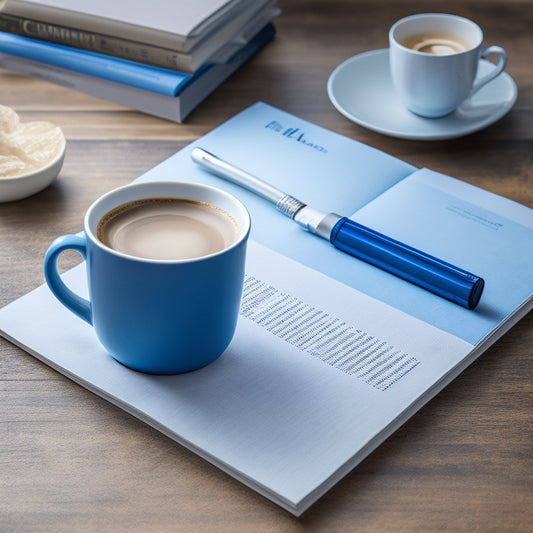 A minimalist illustration featuring a sleek, silver e-reader device on a wooden desk, surrounded by scattered papers, a cup of coffee, and a few bookmarks, with a subtle background gradient of blues and whites.