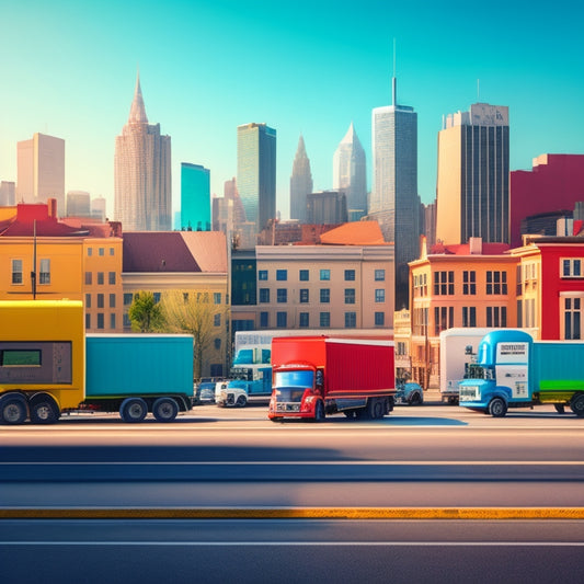 A colorful illustration depicting a stylized, minimalist cityscape with several moving trucks of varying sizes, each with a unique logo and design, parked in front of a row of houses and buildings.