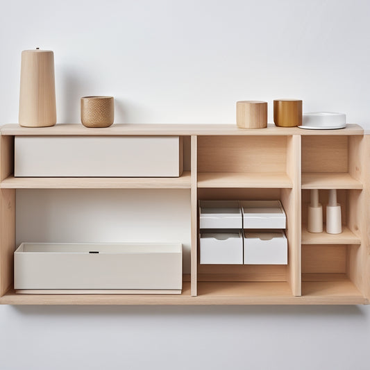 A minimalist, modern wooden organizer system with sleek, horizontal drawers and shelves in a natural wood tone, set against a clean, white background with soft, warm lighting.