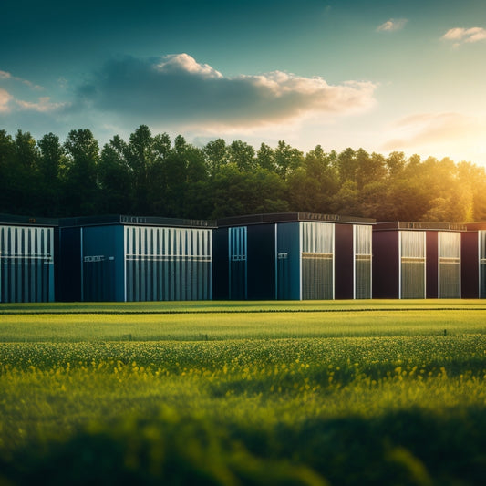A modern, sleek, and well-lit self-storage facility with rows of shiny metal units, automated gates, and sleek elevators, surrounded by a lush green landscape and a futuristic cityscape backdrop.