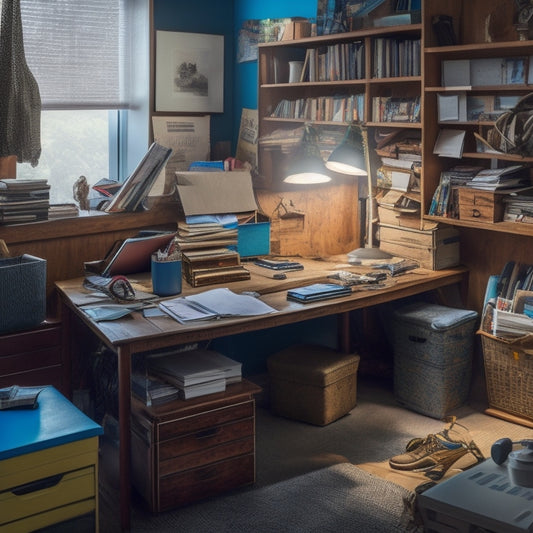 A chaotic home office with a cluttered desk, scattered papers, and tangled cords, surrounded by overflowing shelves and a worn-out office chair, with a faint outline of a custom storage solution in the background.