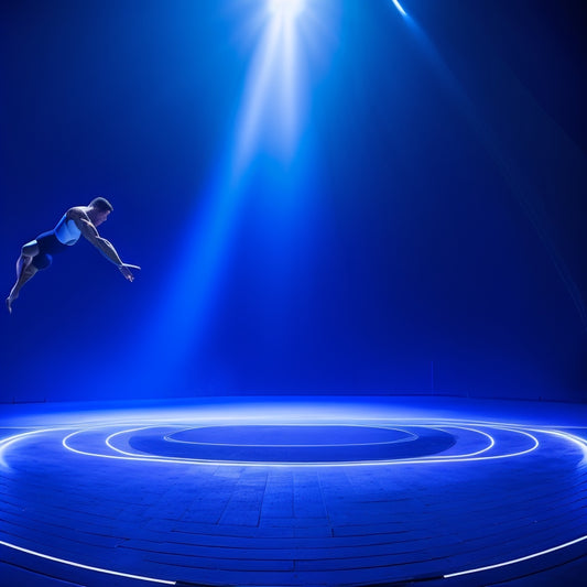 A dramatic spotlight shines on Frederick Richard Soars, mid-air, performing a twisting double layout in a sleek, modern gymnastics arena with a dark blue floor and bright, angular lighting.