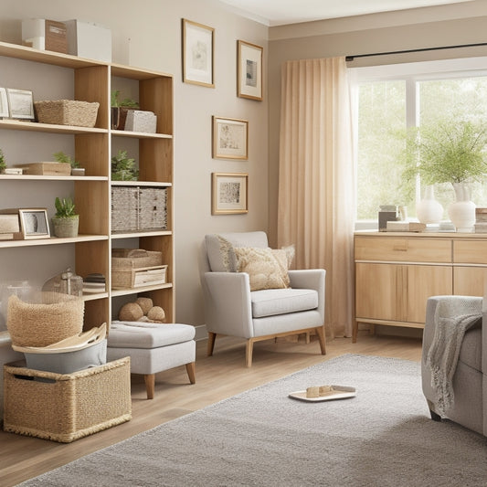 An organized, clutter-free living room with a senior-friendly storage system: a wooden cabinet with easy-grasp handles, a labeled file organizer, and a ergonomic stool nearby, amidst calm, neutral colors.