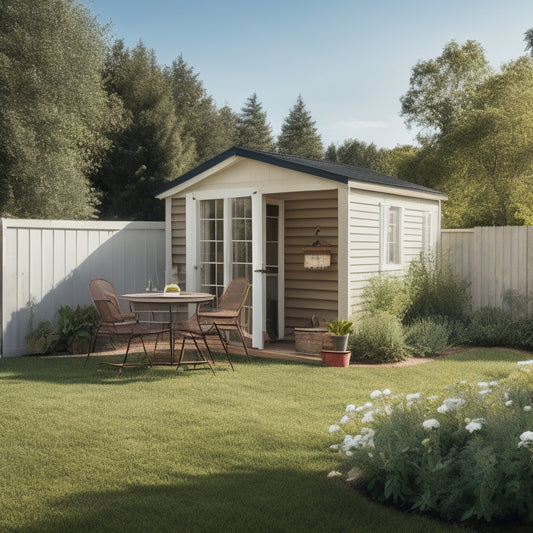 A tidy backyard with a closed wooden shed, a few folded outdoor chairs and a table with a protective cover, surrounded by lush greenery and a sunny sky with a few puffy white clouds.
