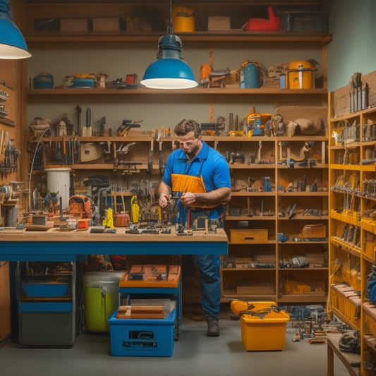 A neatly organized workshop with a half-assembled shelving unit, various tools scattered around, a level and measuring tape on a workbench, and a person in the background, wearing a safety vest and holding a drill.