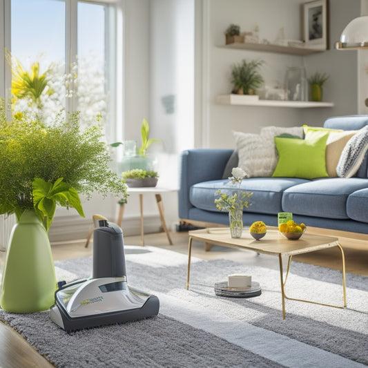 A bright, airy living room with a mix of decluttered and cluttered areas, a vacuum cleaner and cleaning supplies in the foreground, and a few blooming flowers or a vase with greenery on a nearby table.