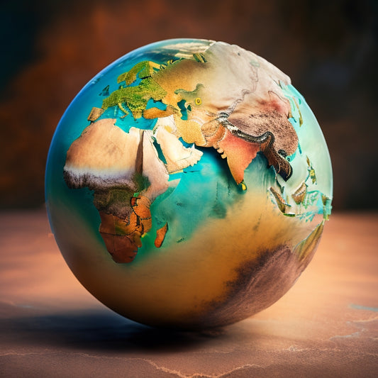 A globe with cracked, dry earth tones, surrounded by delicate watercolor ripples, with a faint outline of a painter's palette and scattered brushes in the background.