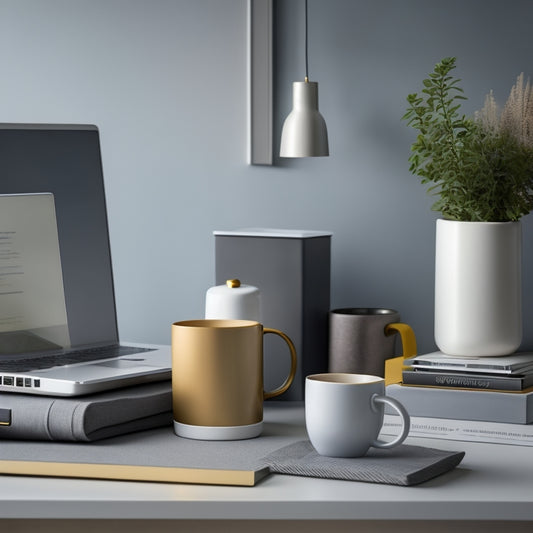 A tidy, modern desk with a laptop, vase, and decorative objects, featuring color-coordinated labels on storage bins, folders, and a custom-labeled coffee mug, set against a minimalist, light-gray background.