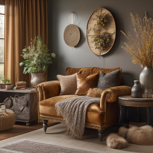 A warm, cozy living room scene with a large, rustic wooden wall hanging adorned with dried flowers, woven fibers, and a few metallic accents, suspended above a plush, velvet armchair.