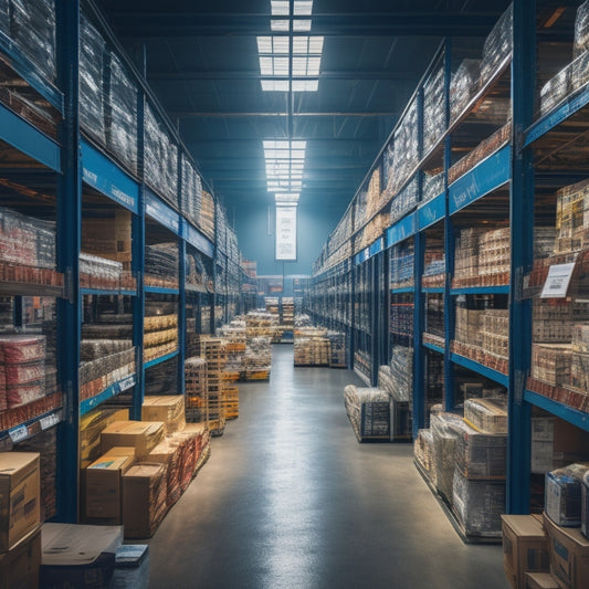 A bustling warehouse store interior with rows of shelving stacked with discounted products from popular brands, including TVs, laptops, and household essentials, under bright fluorescent lighting.