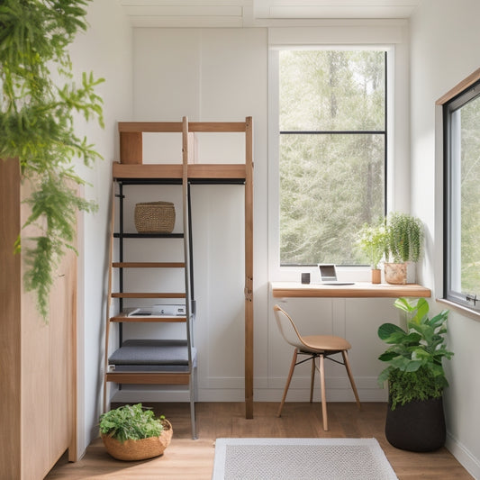 A serene, minimalist tiny home interior with a Murphy bed, a compact desk, and a ladder leading to a storage loft, surrounded by lush greenery and natural light.