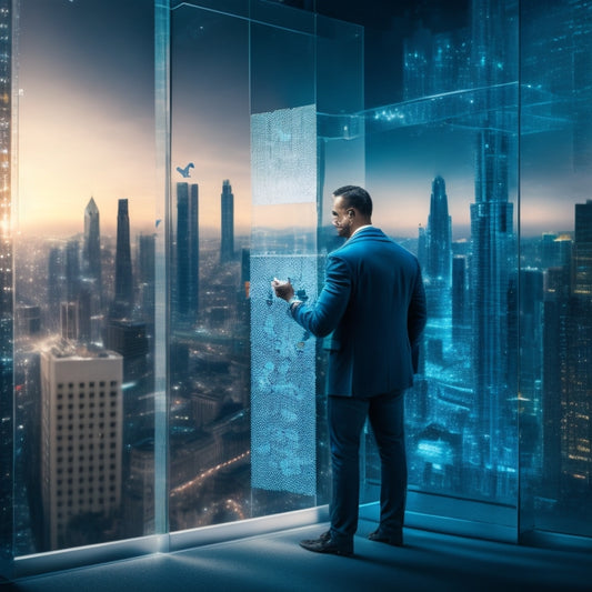 An illustration of a person standing in a transparent glass cube surrounded by blurred cityscape, with puzzle pieces fitting together to form a shield, amidst scattered digital locks and keys.