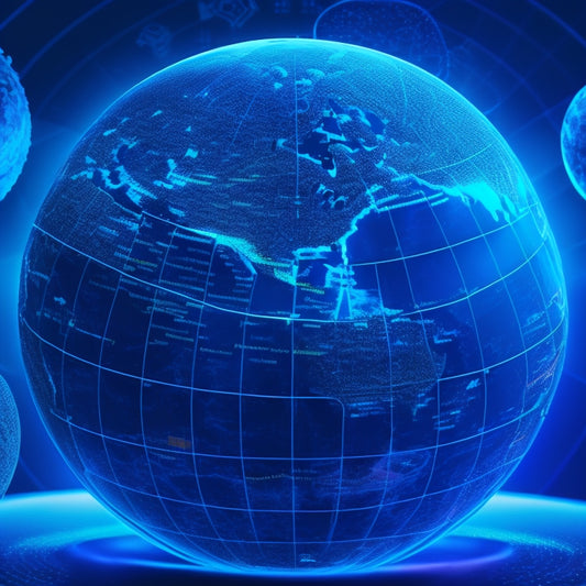 A futuristic globe with glowing blue lines and nodes, surrounded by orbiting icons of maps, charts, and gears, set against a dark blue background with subtle grid patterns.