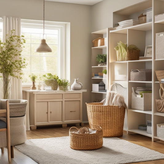 A serene, well-organized home interior with a clutter-free living room, a tidy bookshelf, and a few stylish storage bins and baskets in the background, illuminated by soft, warm lighting.