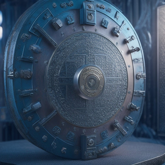 A shield with a combination lock at its center, surrounded by multiple layers of chain-link fences, with a subtle background of circuit boards and microchips.