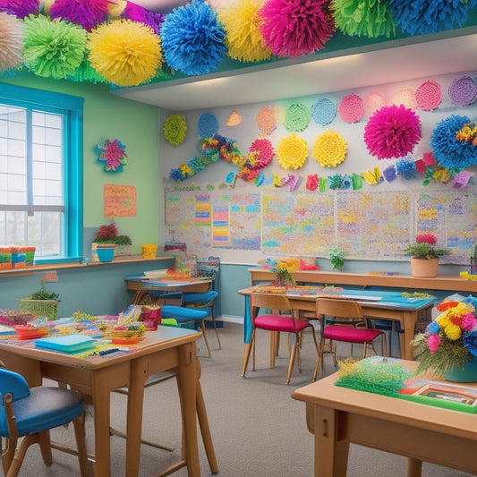 A colorful, well-lit classroom with vibrant Pacon decorative elements: a rainbow-hued alphabet border, a motivational quote banner, and a 3D paper flower garland surrounding a collaborative learning area.