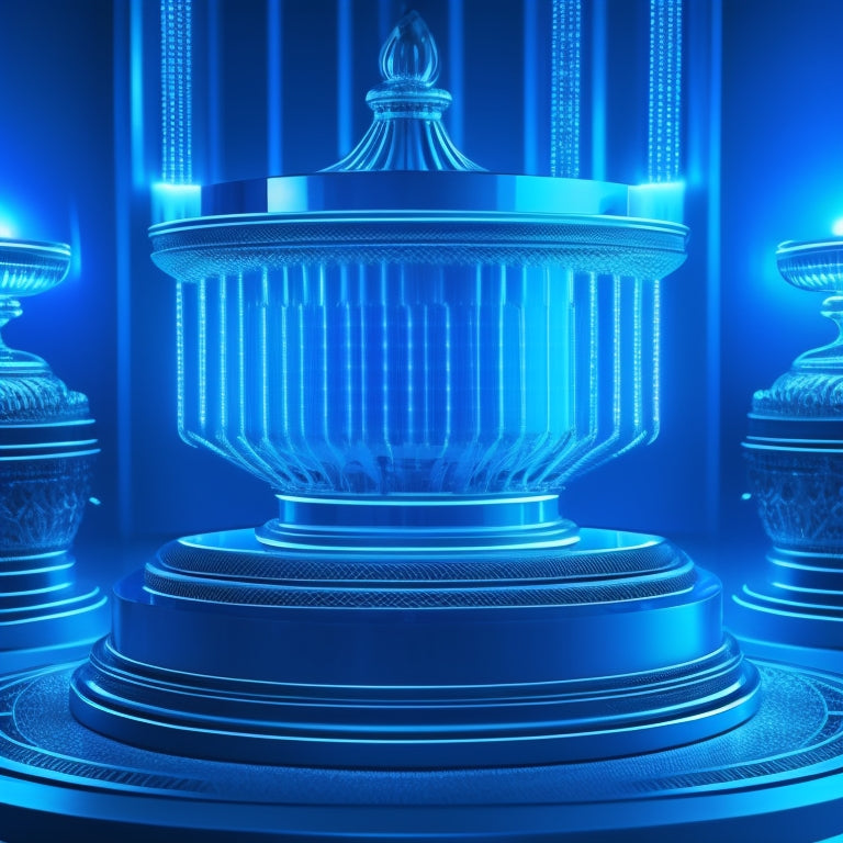 A futuristic, high-tech background with glowing blue circuits and wires. A large, silver trophy cup in the center, surrounded by six smaller, ranked trophies in ascending order of size.