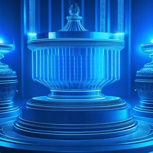 A futuristic, high-tech background with glowing blue circuits and wires. A large, silver trophy cup in the center, surrounded by six smaller, ranked trophies in ascending order of size.