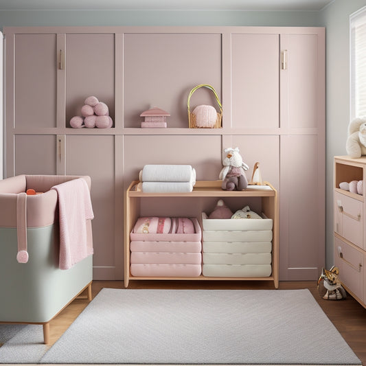 A sleek, modern nursery with cream walls and dark wood accents, featuring a custom-built, rectangular storage unit with 12 fabric-lined cubbies in pastel shades, each containing a neatly folded cloth diaper.
