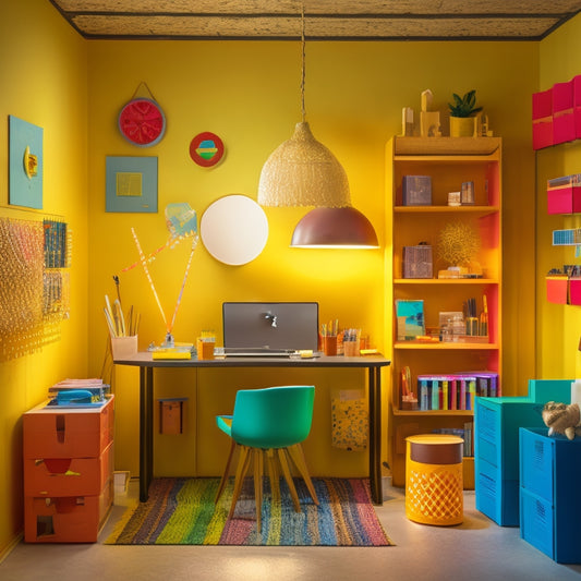 A vibrant, modern workspace with a sleek laser-cut storage unit, surrounded by creative supplies like colorful papers, scissors, and paintbrushes, illuminated by a warm, golden light.