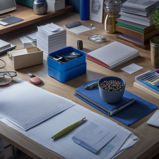 A cluttered desk with scattered papers, pens, and office supplies, next to a tidy workspace featuring the Caydo 15 Slot Paper Organizer Storage, with neatly arranged documents and a few pens standing upright.