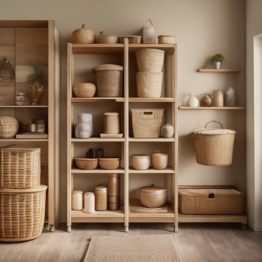 A serene, well-lit interior with a range of storage units in various shapes, sizes, and materials, including wooden shelves, metal cabinets, and woven baskets, against a calming beige background.