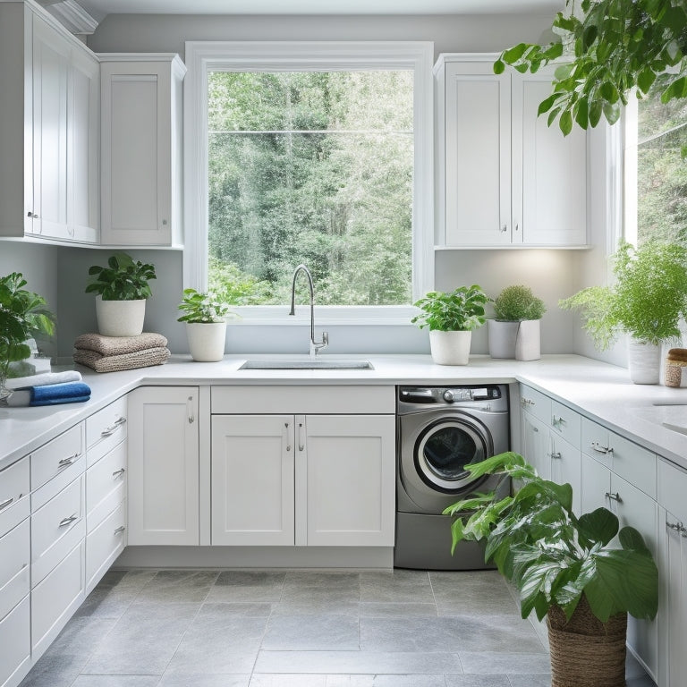 A bright, modern laundry room with creamy white cabinets, gleaming chrome fixtures, and a large, sleek island with a built-in sink and ample counter space, surrounded by lush green plants.