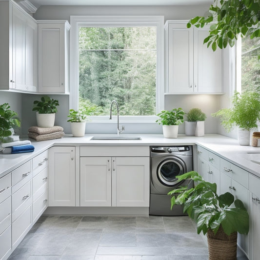 A bright, modern laundry room with creamy white cabinets, gleaming chrome fixtures, and a large, sleek island with a built-in sink and ample counter space, surrounded by lush green plants.