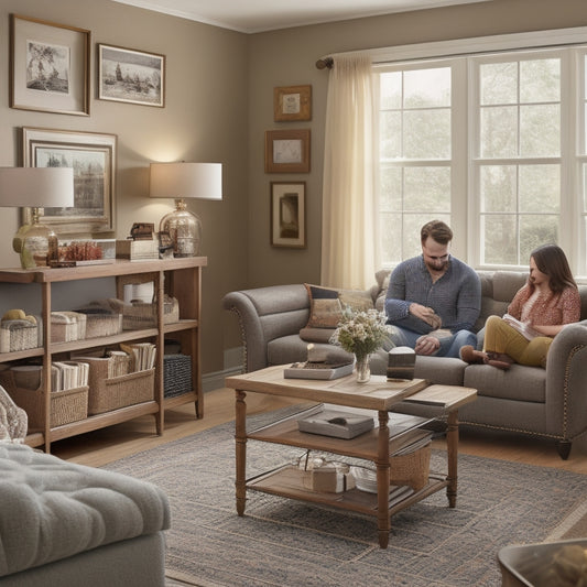 A warm and tidy living room with a family of four gathered around a clutter-free coffee table, surrounded by labeled storage bins, a organized bookshelf, and a few framed family photos.