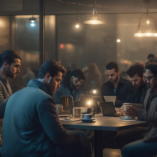 A dimly lit, crowded coffee shop with laptops and mobile devices open, surrounded by subtle, glowing Wi-Fi symbols and faint, menacing shadows of hackers lurking in the background.