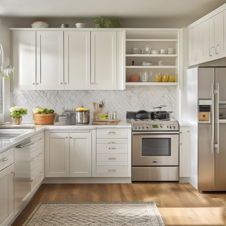 A tidy, L-shaped kitchen with cream-colored cabinets, stainless steel appliances, and white marble countertops, showcasing a mix of open shelving, pull-out drawers, and cleverly hidden storage solutions.