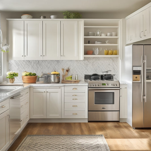 A tidy, L-shaped kitchen with cream-colored cabinets, stainless steel appliances, and white marble countertops, showcasing a mix of open shelving, pull-out drawers, and cleverly hidden storage solutions.