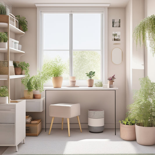 A bright, airy room with a minimalist desk, a few neatly labeled storage bins, and a few potted plants, surrounded by a subtle background of soft, calming colors.