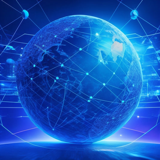 A futuristic, minimalist illustration featuring a stylized globe surrounded by orbiting digital devices, with glowing connections and circuitry patterns, set against a vibrant, electric blue background.