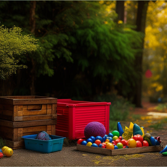 A colorful outdoor scene with three to five wooden crates of varying sizes, each filled with a mix of toys, balls, and outdoor gear, surrounded by lush greenery and a few scattered leaves.